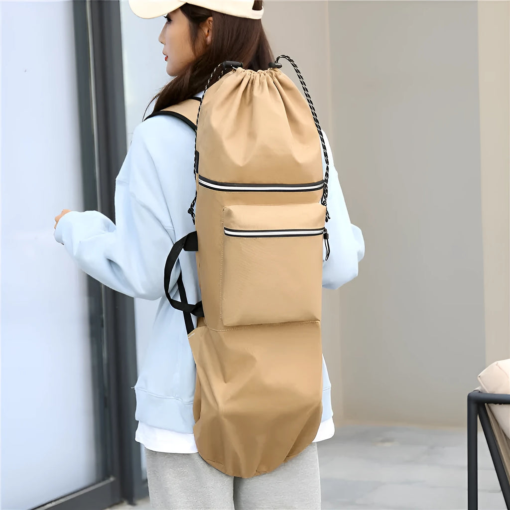 Nylon skateboard backpack in black, shown with a longboard, featuring multiple pockets and adjustable straps.