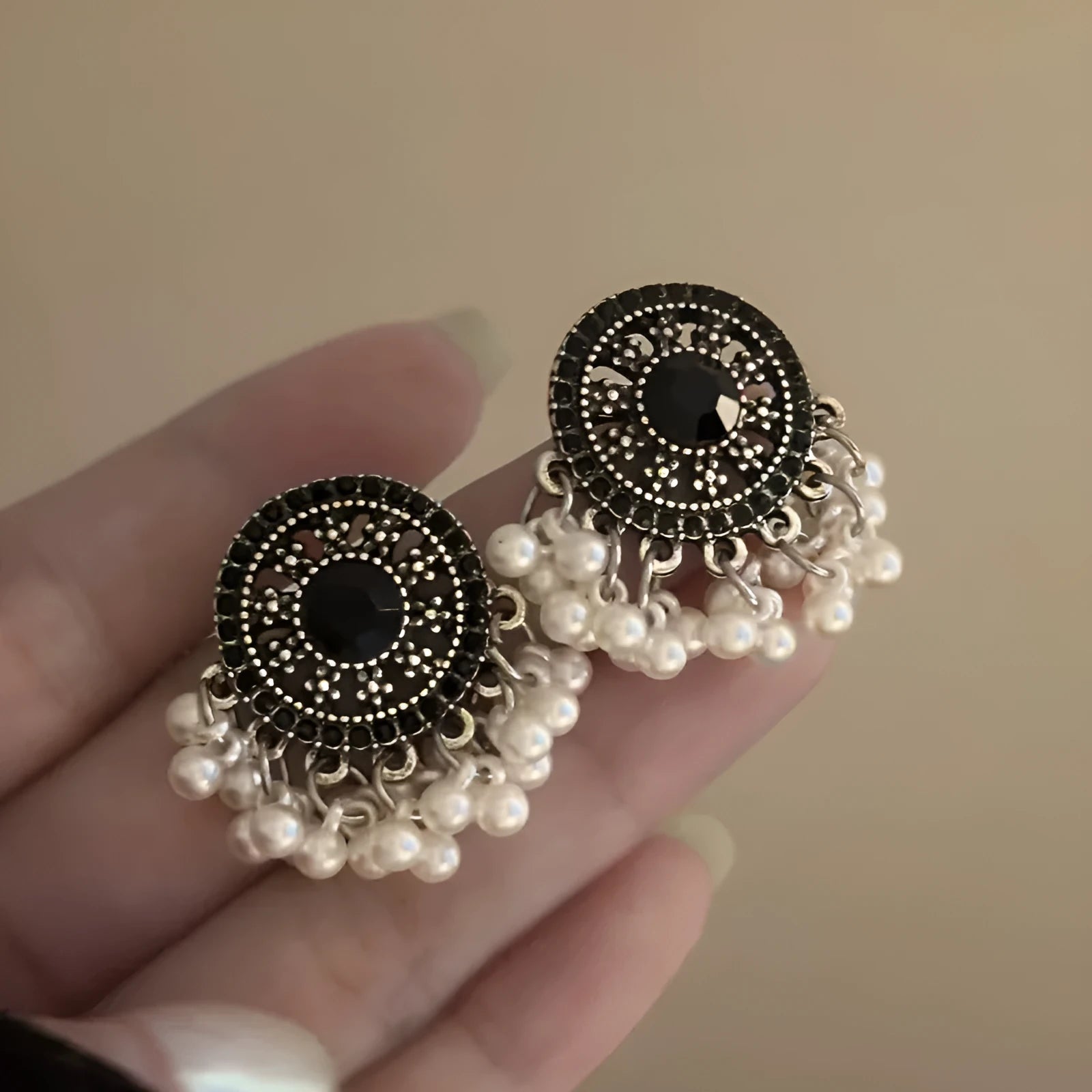 Pair of Miao maiden pearl earrings in round geometric shape with electroplating finish