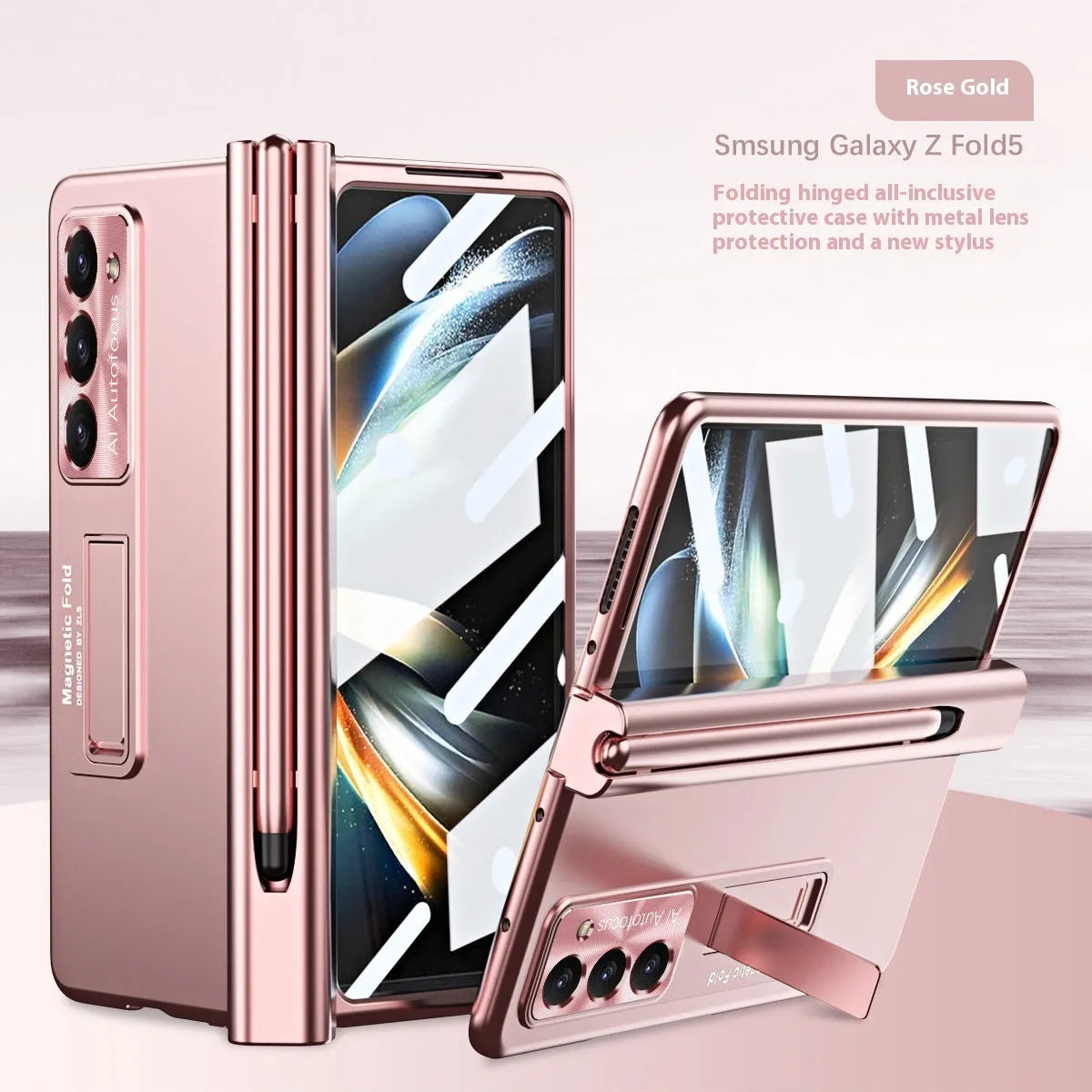 Magnetic suction phone case for Samsung Z Fold5 with hinge cover and bracket in ice lake blue