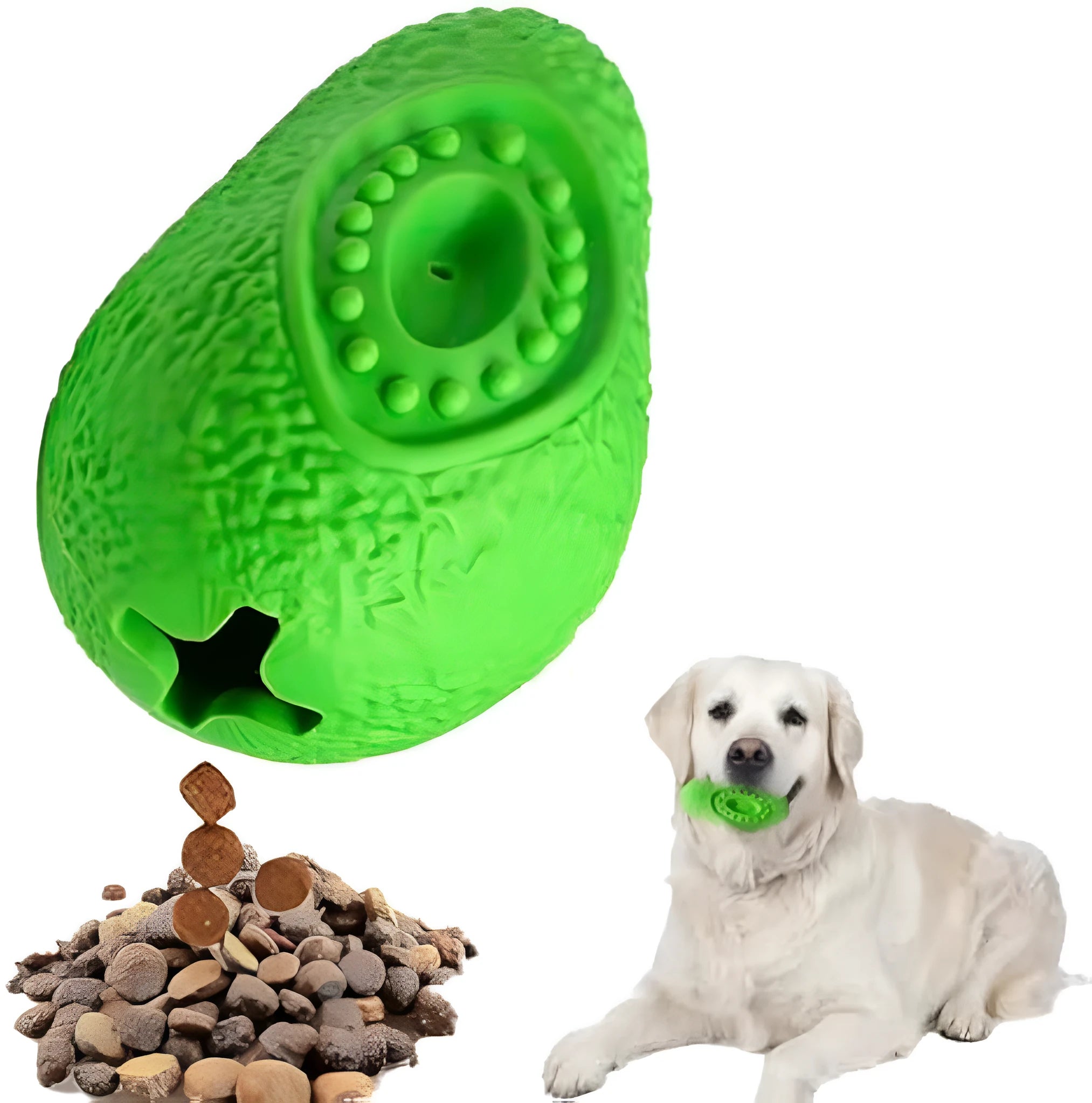 Green natural rubber dog chew toy shaped like an avocado, textured surface, for aggressive chewers.