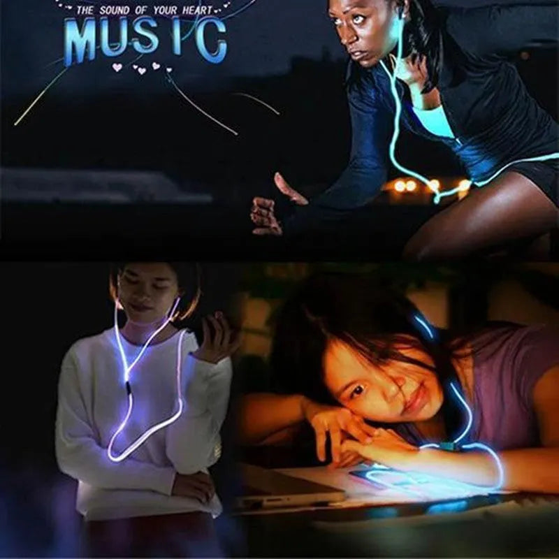 Blue LED light-up earphones with aluminium alloy shells showing rhythm-sync lighting patterns