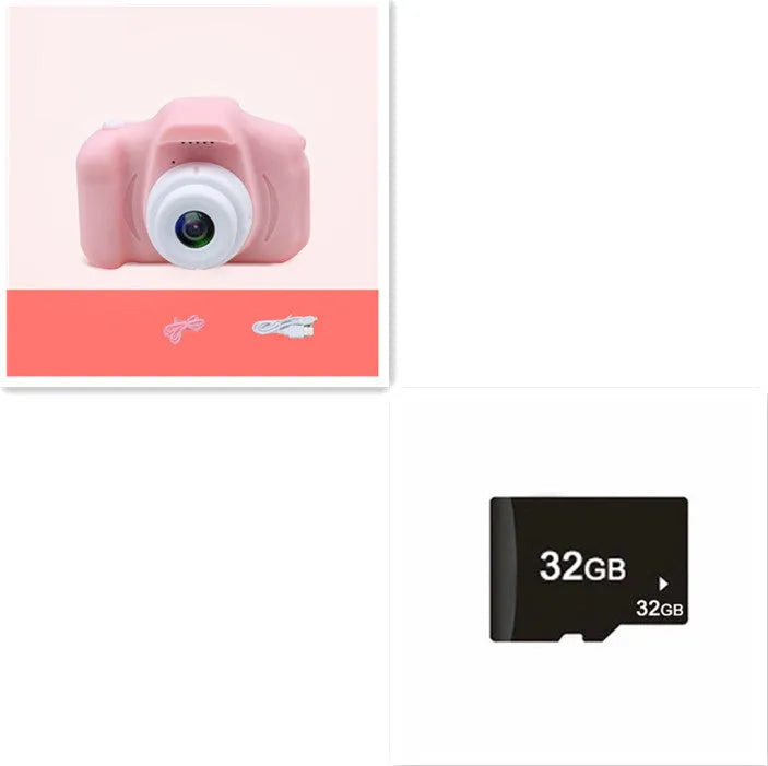 X2 HD mini cartoon kids digital camera in silicone body with 2-inch screen and lanyard.