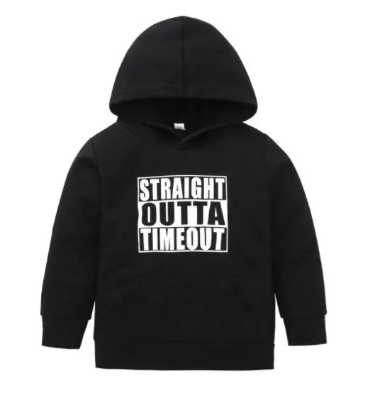 Boys' black hooded sweater with white letter print, long sleeves, and pullover neck.