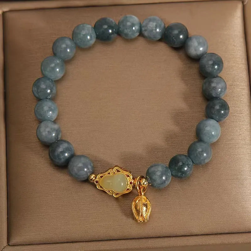 Blue natural stone bracelet with gourd lotus pendant and flower-shaped beads for women