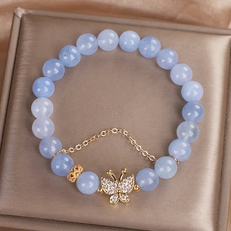 Sky blue aquamarine butterfly crystal bracelet for women with rhinestones and pearls on 17cm electroplated chain