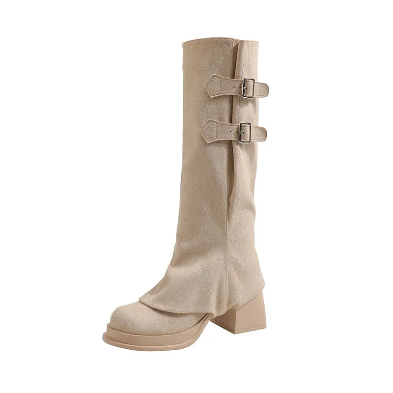 Removable pile style thick high heel platform boots for women suede upper chunky heel apricot brown