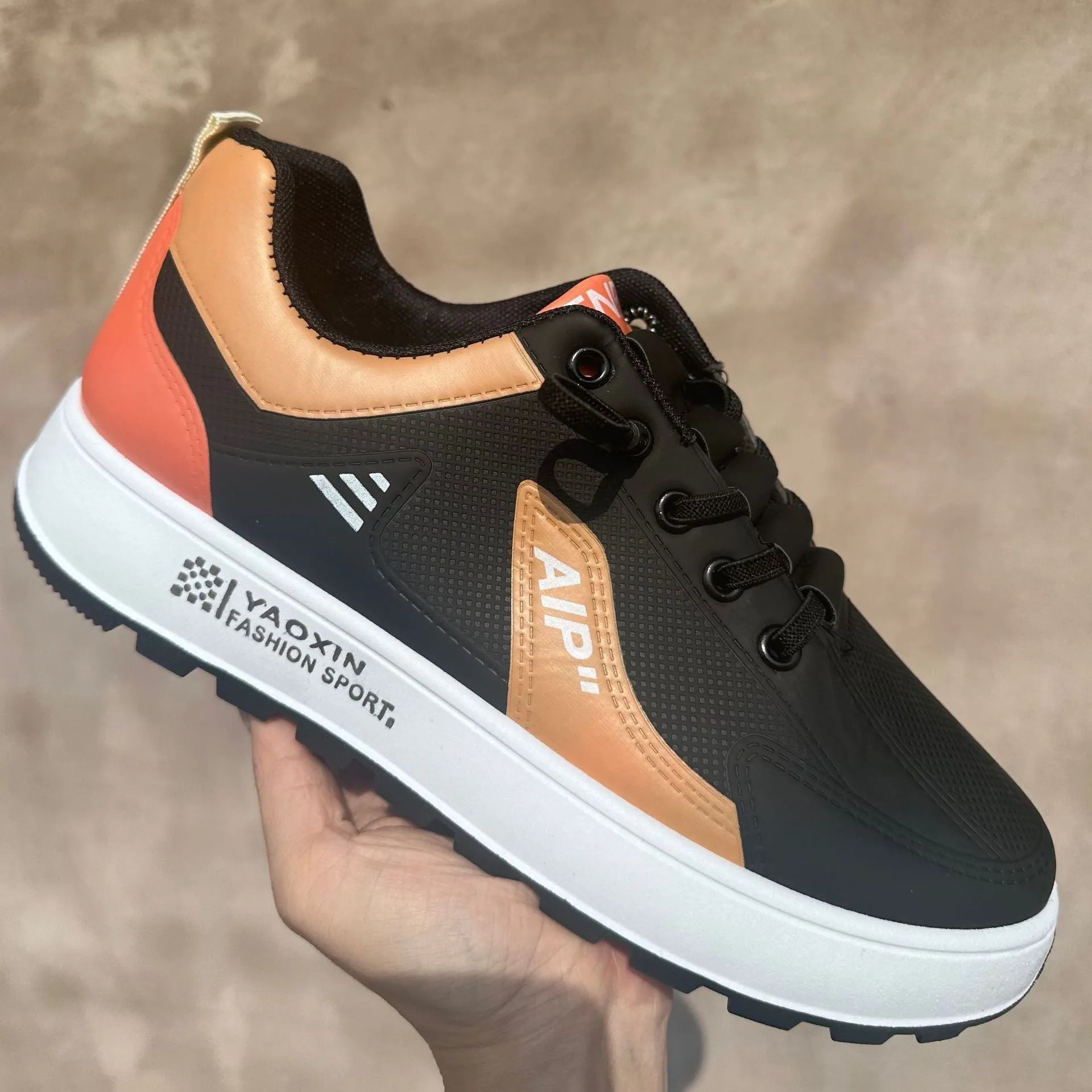Men's round toe casual shoes in artificial PU, shown in M15 white-orange, white-black, and white-brown colour options