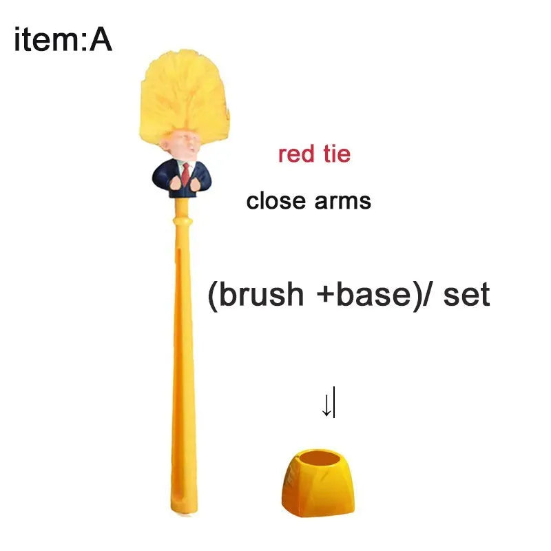 Yellow plastic Donald Trump novelty toilet brush with hanging handle, 40cm long