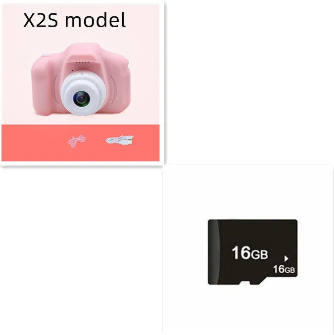 X2 HD mini cartoon kids digital camera in silicone body with 2-inch screen and lanyard.