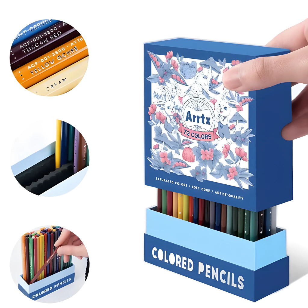 Boxed set of 72 coloured pencils with basswood barrels for art students.