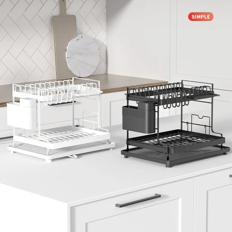 White double-layer kitchen storage rack with a removable draining tray.
