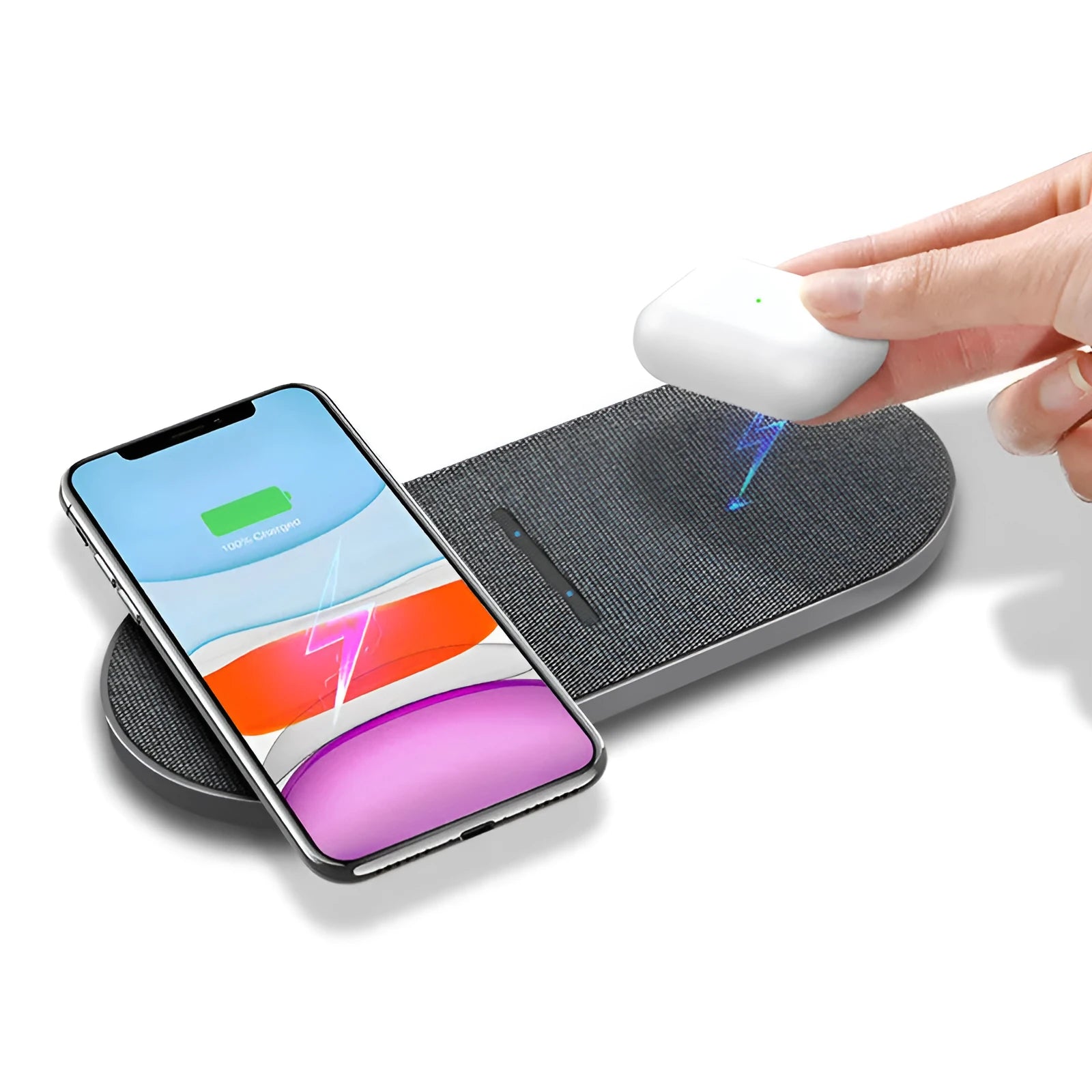 A pair of black 10W dual wireless charging stands on a desk.