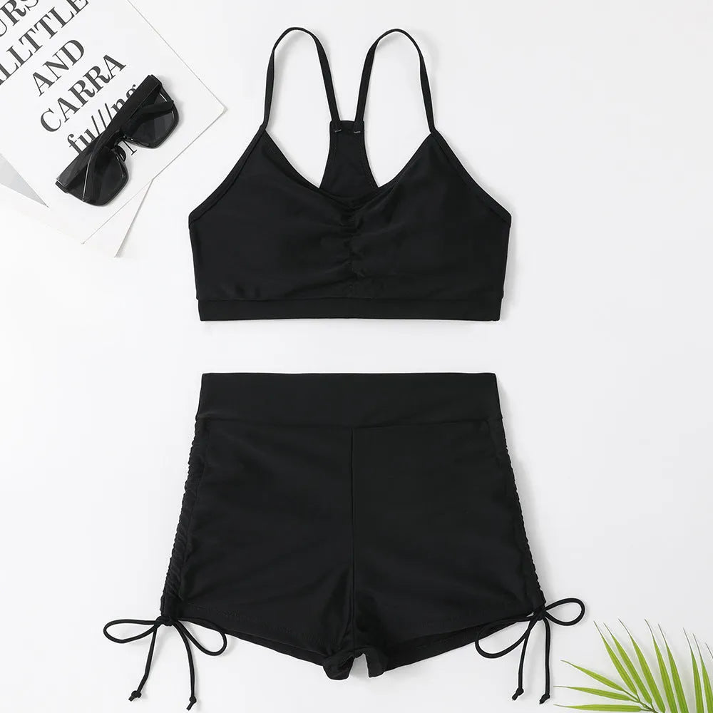 Women's purple high waist split bikini swimsuit with separate top and shorts