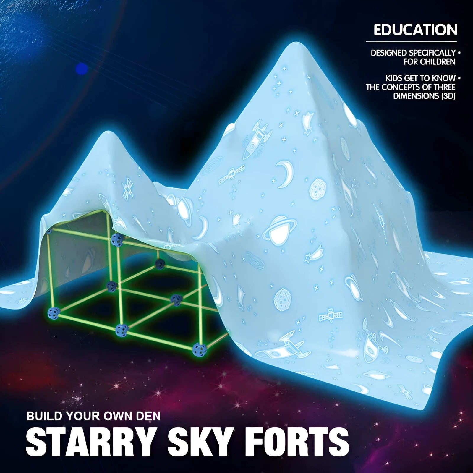 Children's plastic fort building kit with glowing sticks and connector balls assembled into a play tunnel.