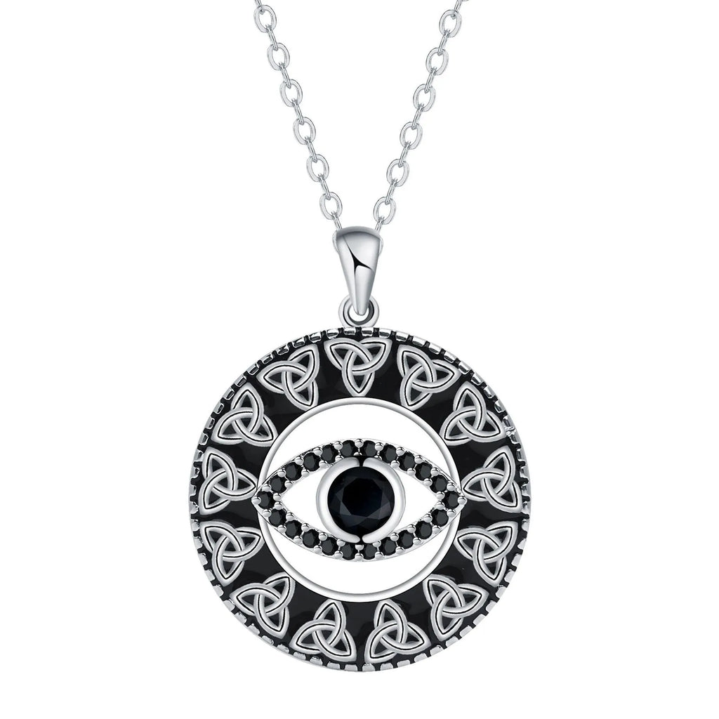 Close-up of a women's copper Devil's Eye pendant necklace on a cross chain, with a light luxury electroplated finish.
