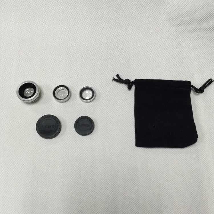 Three-in-one mobile phone fisheye lens clip accessory in multiple colour options