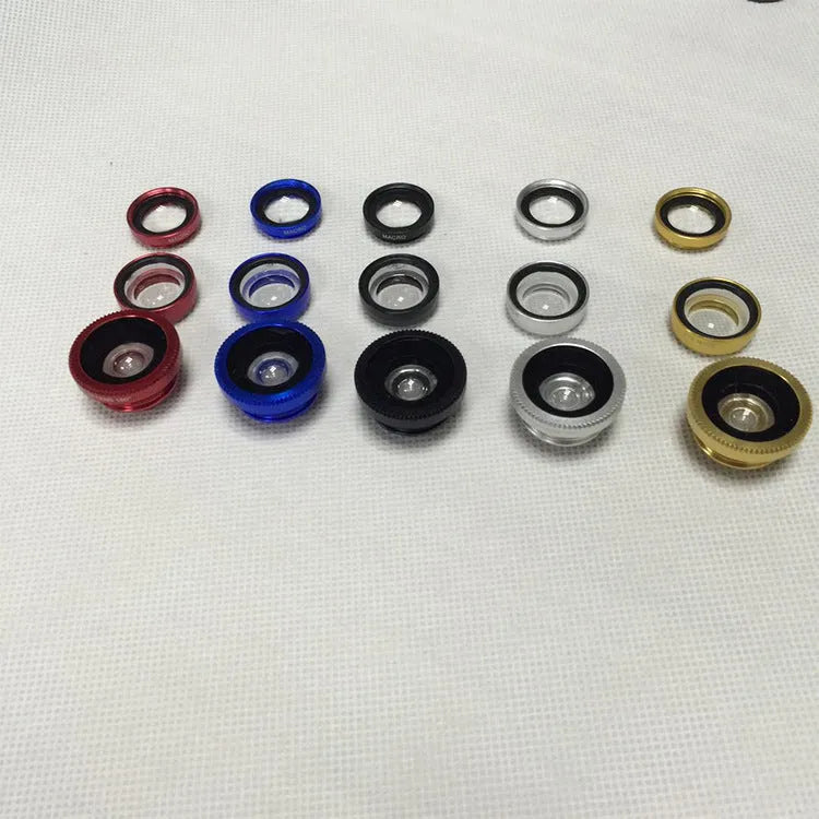 Three-in-one mobile phone fisheye lens clip accessory in multiple colour options