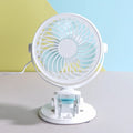 USB-powered compact desk fan showing clip and floor-standing styles with three blades