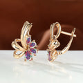 Champagne gold flower earrings with AB colourful crystal on copper, round shape studs for women
