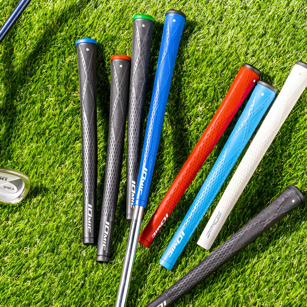 TPE golf club grip in various colours including pink, red, blue, white, and two-tone black with coloured head.