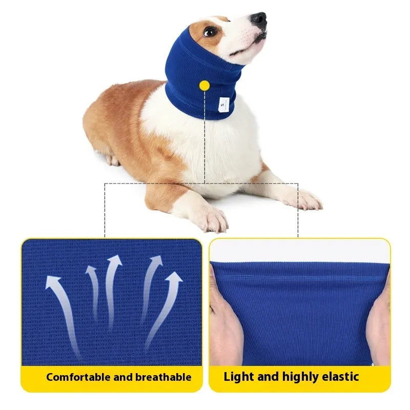 Blue and grey polyester dog headband scarf in comforter style showing S M L size options