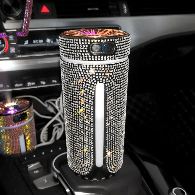 Colourful diamond-style car humidifier with LED lights on a car dashboard