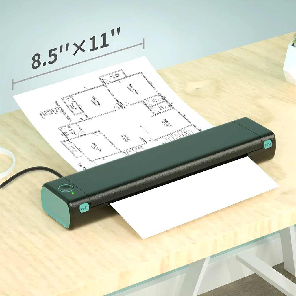 Phomemo M08F white portable A4 thermal printer with charging cable on desk