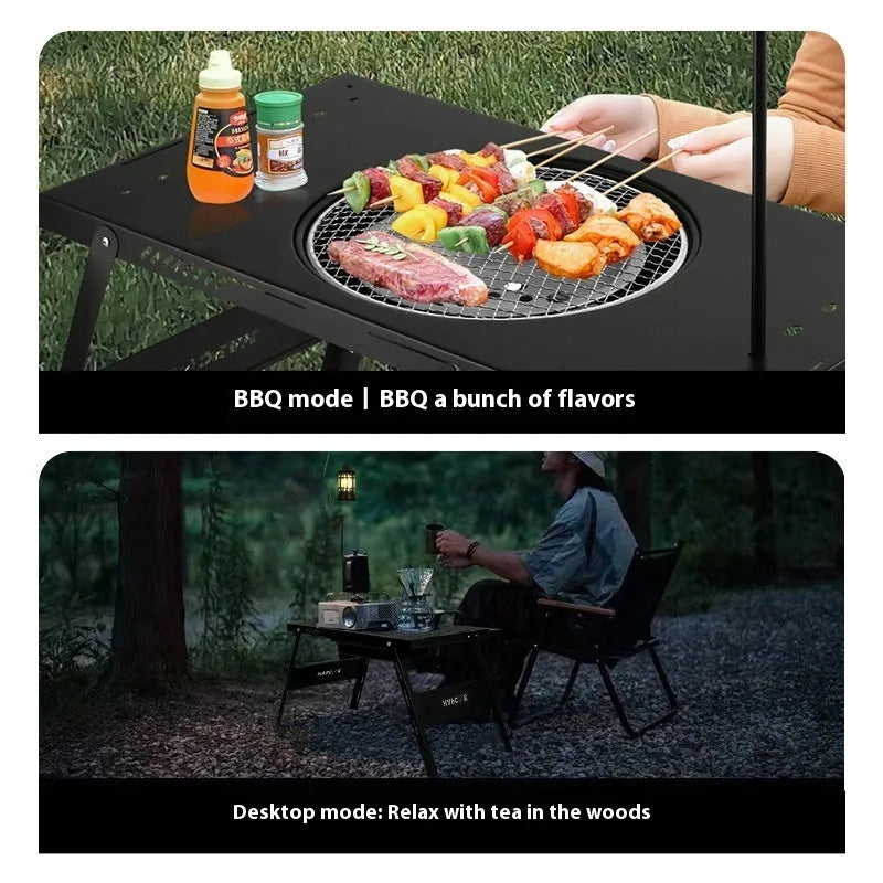 Black foldable steel outdoor barbecue table with integrated grill set, shown in round and square design options.