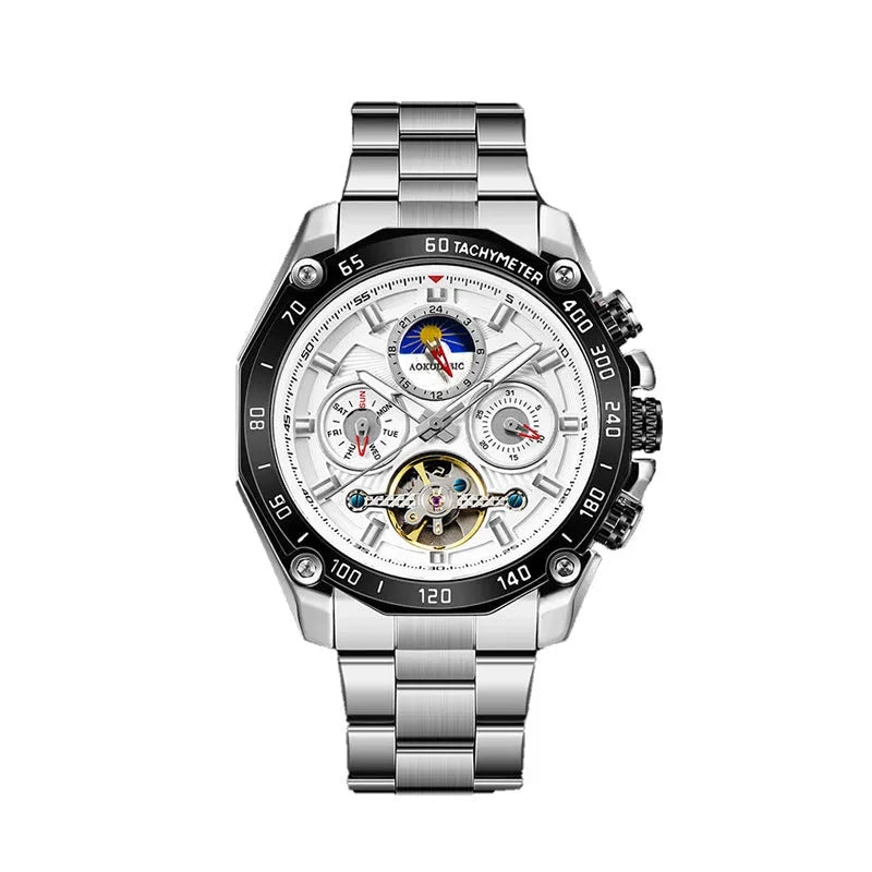 Men's automatic mechanical watch with a 12mm thick case showing various colour options like silver, black, and gold.