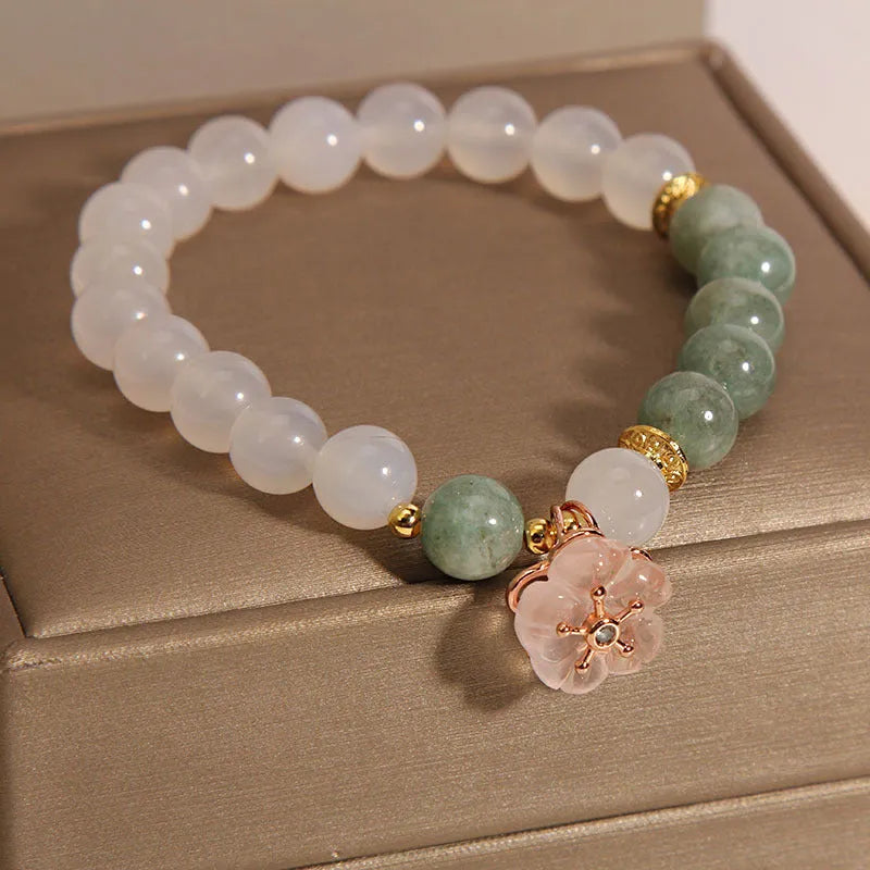 White agate and pink jade floral bracelet with adjustable beads for women