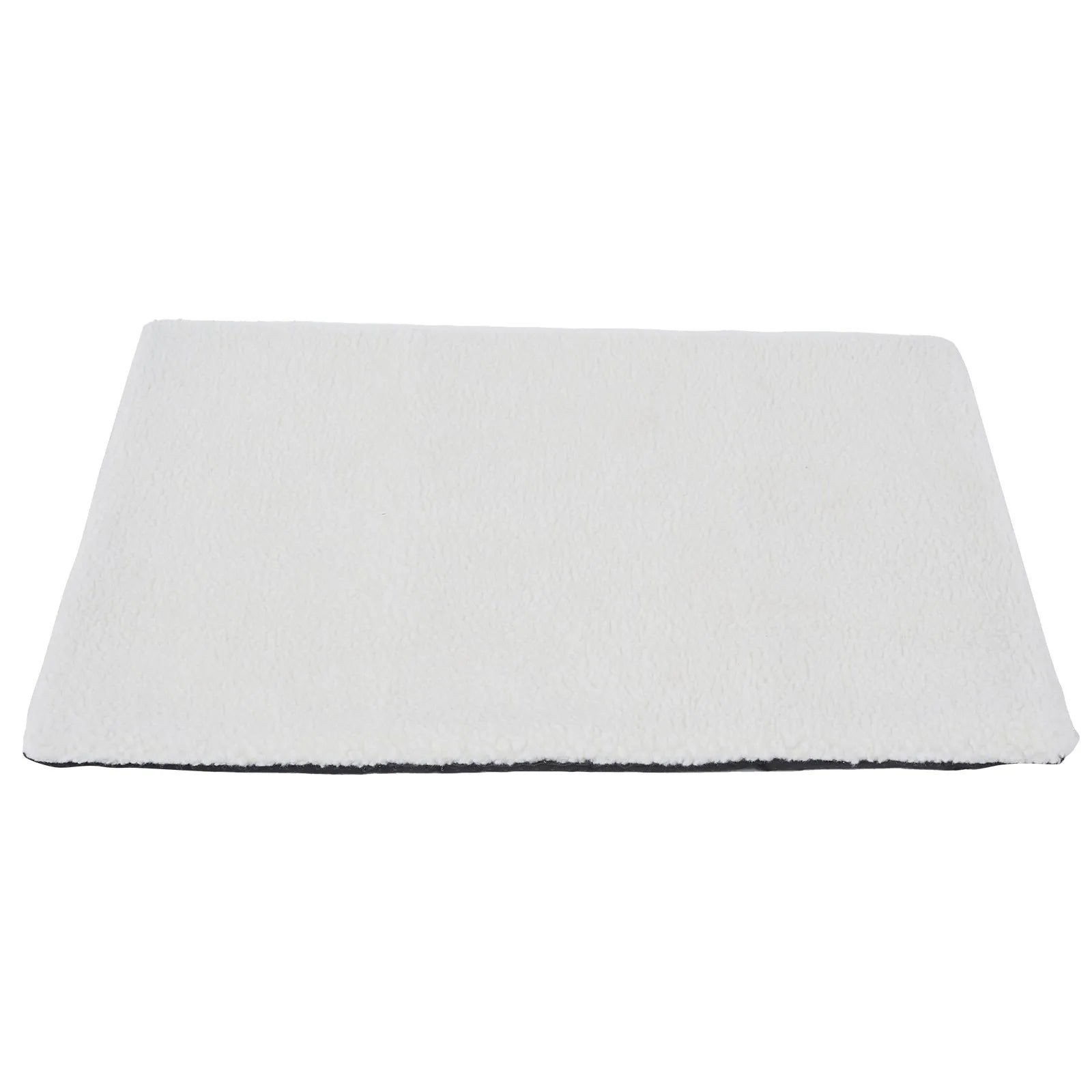 Grey self-heating plush pet pad for cats and dogs on a wooden floor.