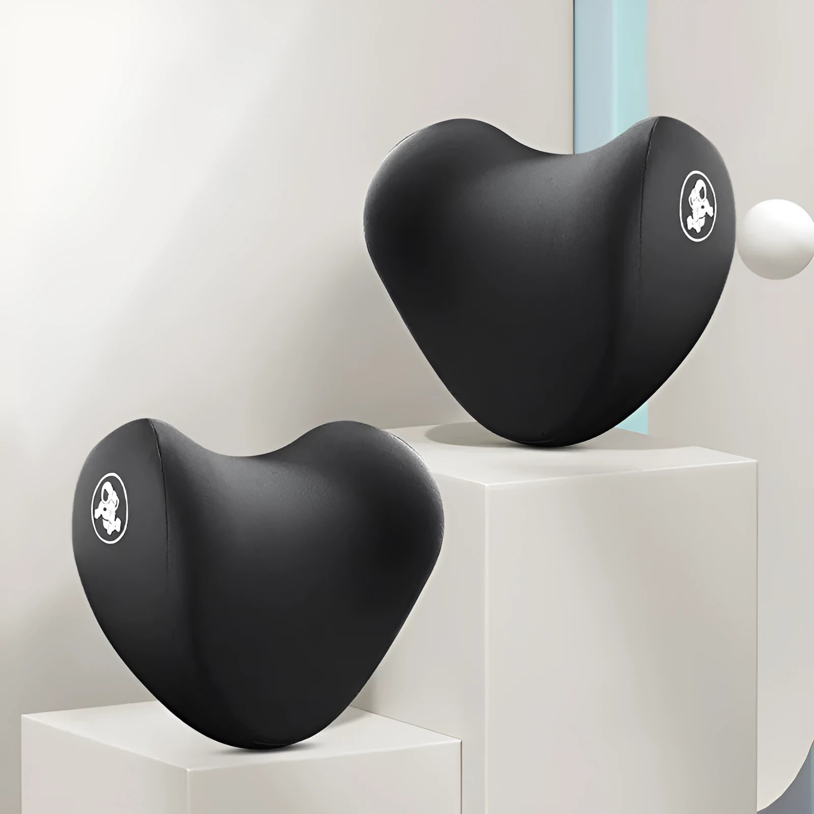 Heart-shaped memory foam car pillow set showing lumbar support and headrest pillow in grey colour with contrasting heart design