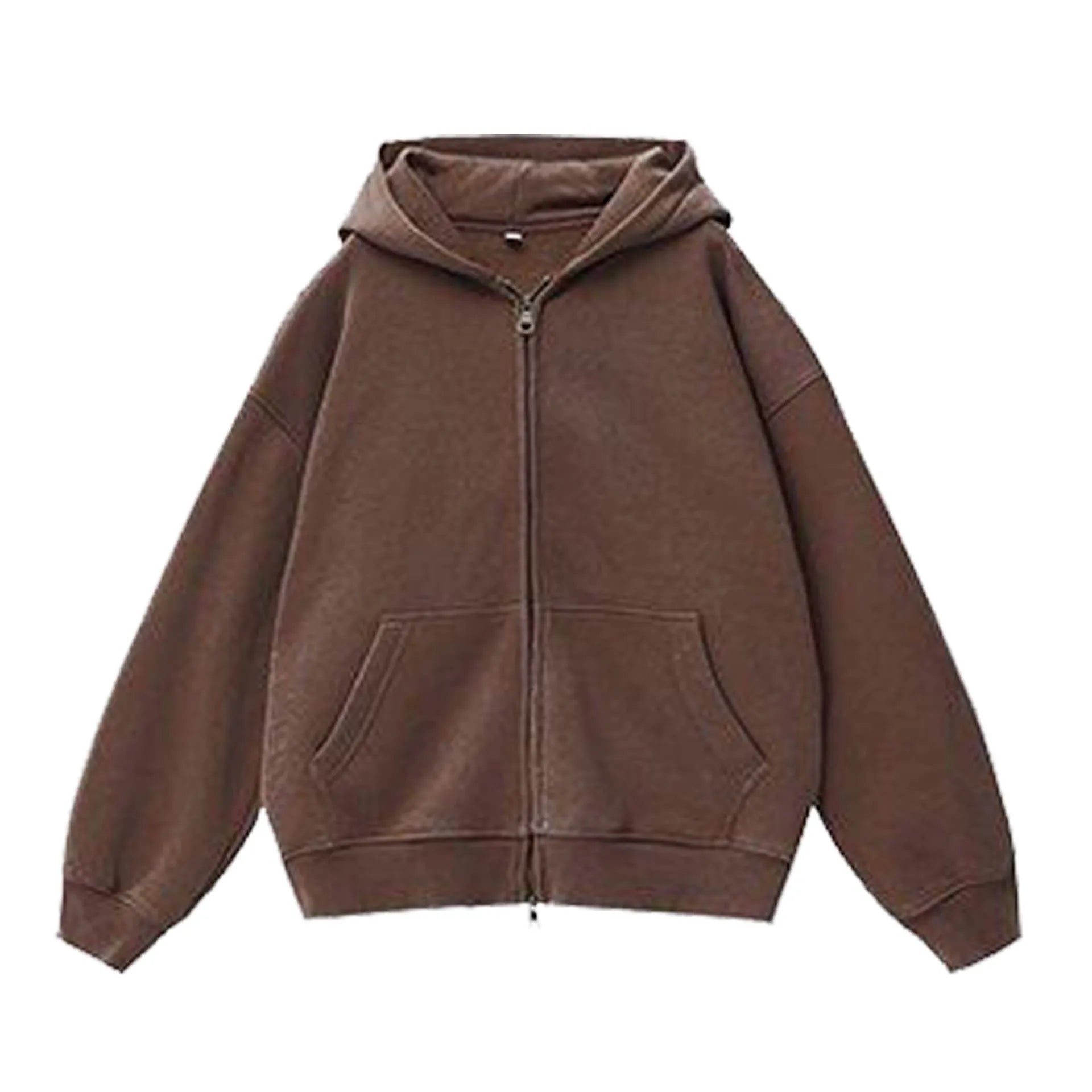 Woman's loose-fit fleece-lined cardigan sweater with a hood in a distressed colour, showing patch pockets and drop-shoulder sleeves.