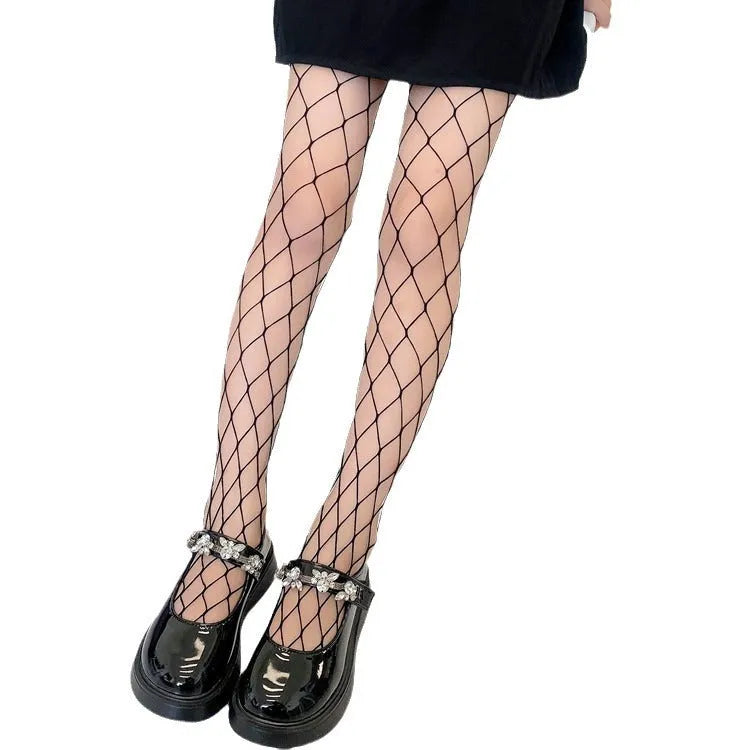 Women's mesh stockings showing large, medium and small hole patterns in black and white colours