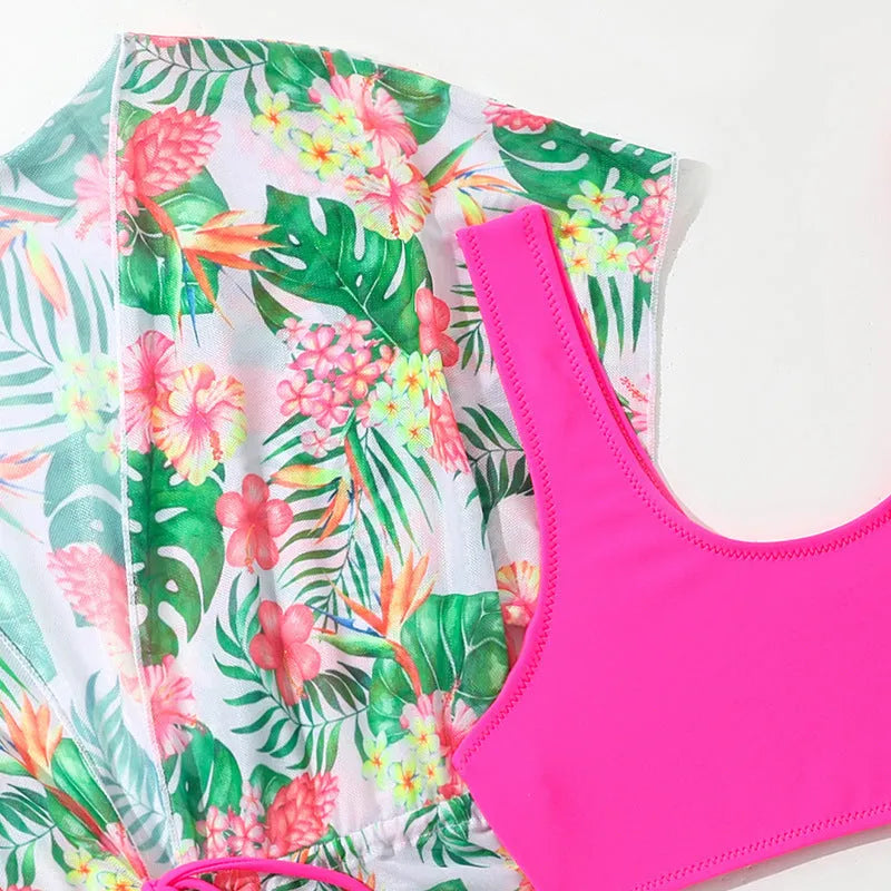 Girls' two-piece swimsuit with Korean floral pattern in polyester fabric, sizes 130cm to 160cm for ages 3-12