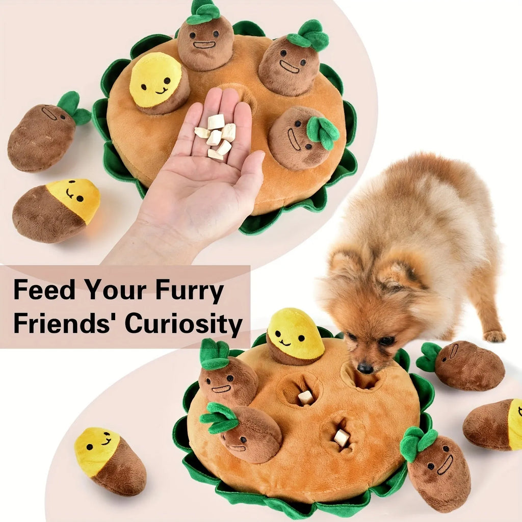 Yellow interactive dog foraging pad with removable squeaky plush toys for slow feeding and mental stimulation