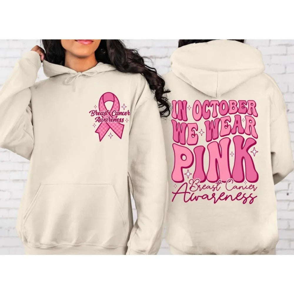 Pink Breast Cancer Awareness pullover hoodie with art retro design and a side seam pocket.
