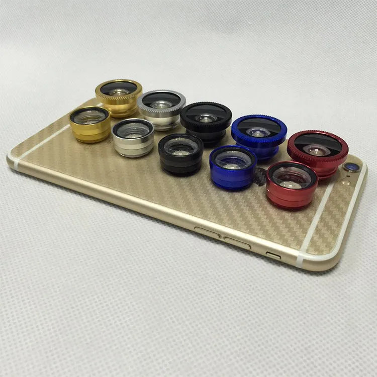 Three-in-one mobile phone fisheye lens clip accessory in multiple colour options
