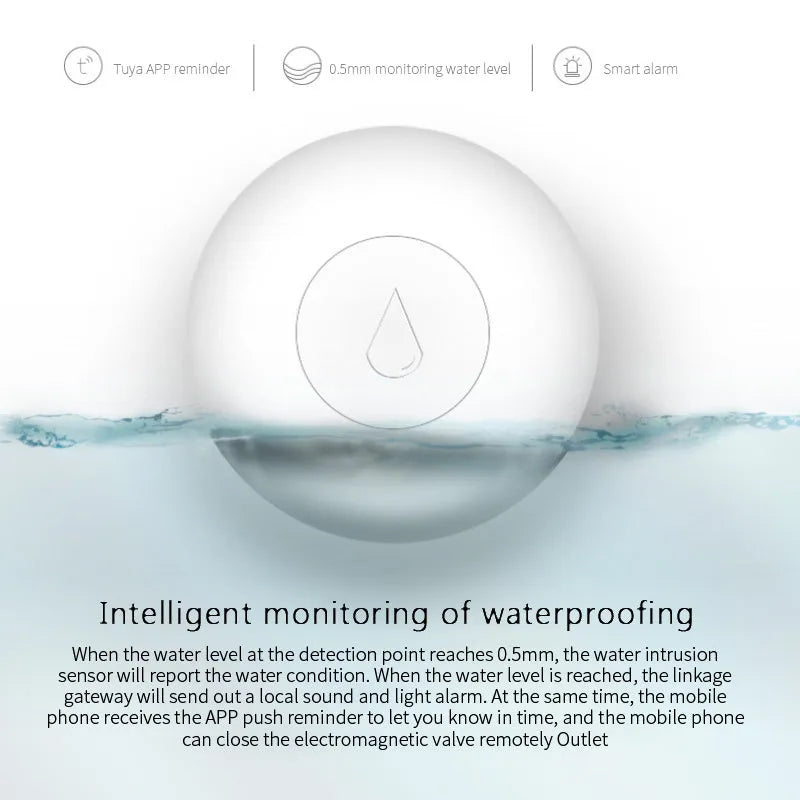 Wireless Zigbee water sensor with white PC housing, measuring 50mm by 17mm, for smart home flood detection.