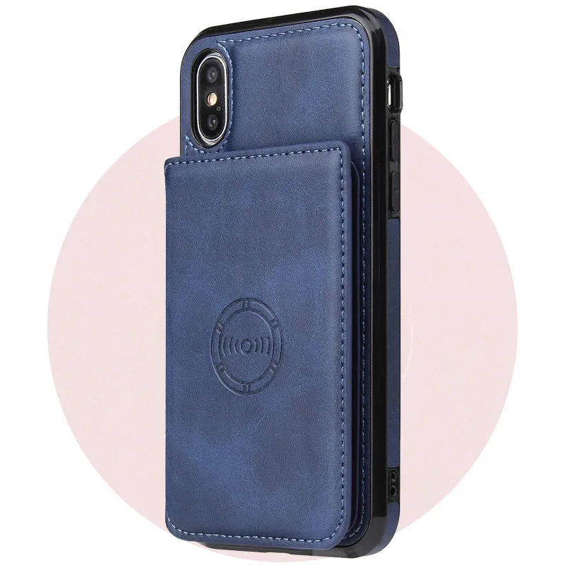 Imitation leather card wallet phone case for iPhone in various solid colours.