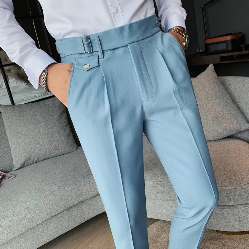 Men's straight-leg casual trousers in polyester, shown in a khaki colour on a neutral background.