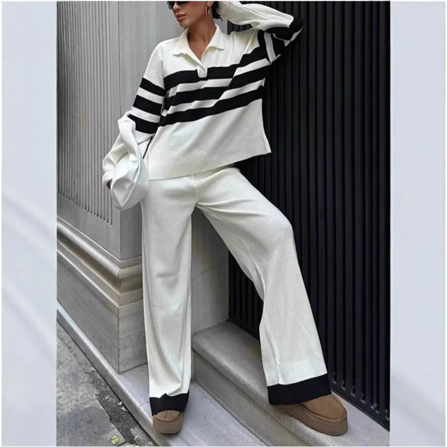 Women's black and white striped polo collar knit top with matching trousers casual two-piece set