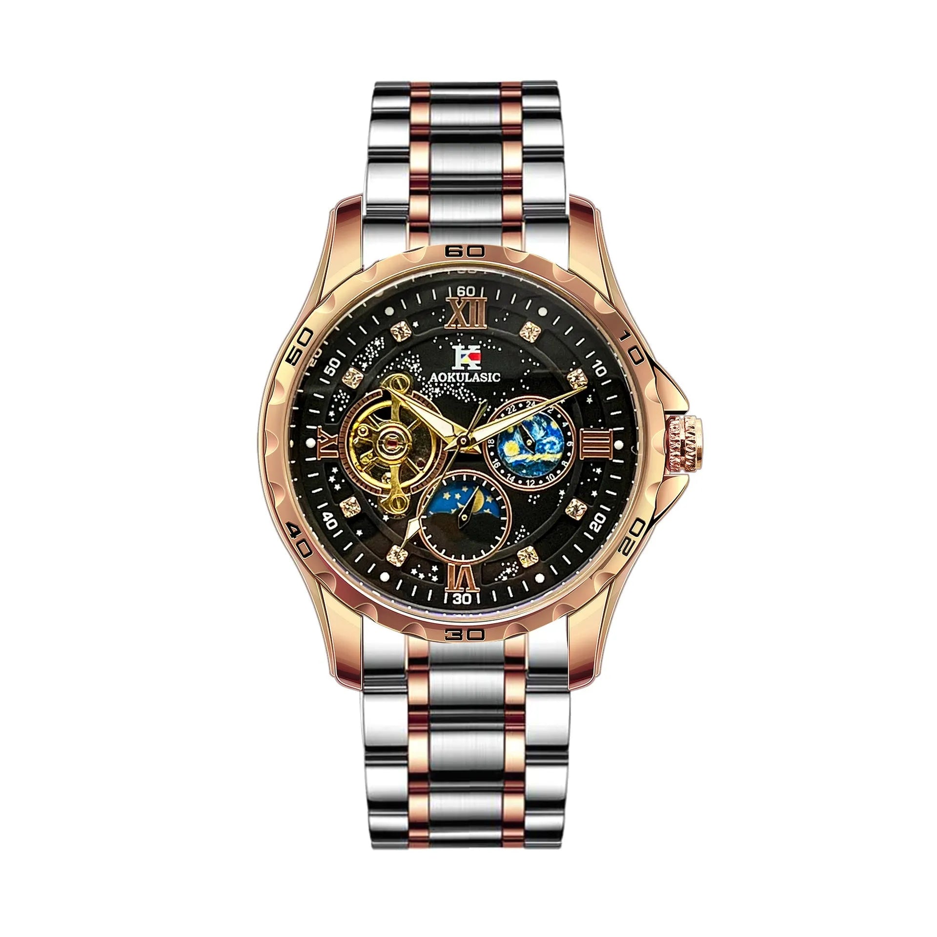 Automatic mechanical men's watch with rose gold case, black dial, and large display.