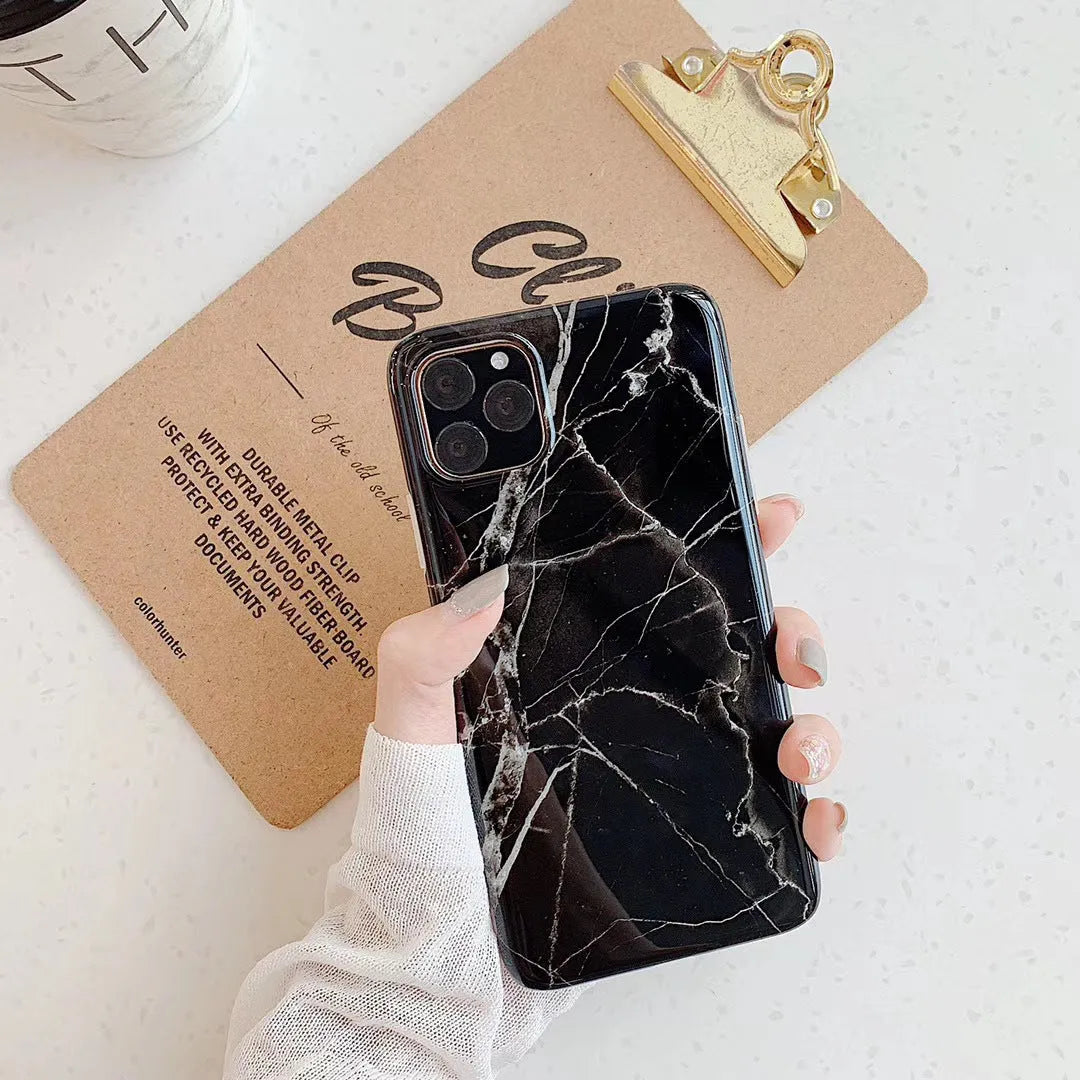 Frosty marble silicone phone case for iPhone, black back cover with geometric pattern