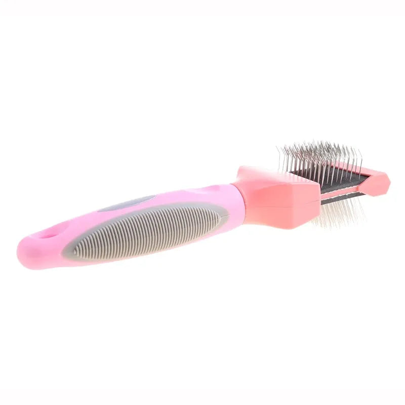 Blue double-sided pet brush with stainless steel pins on a white background