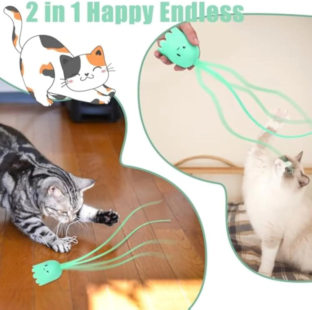 Green automatic electronic cat wand toy with swinging silicone tails on a 38cm wand.
