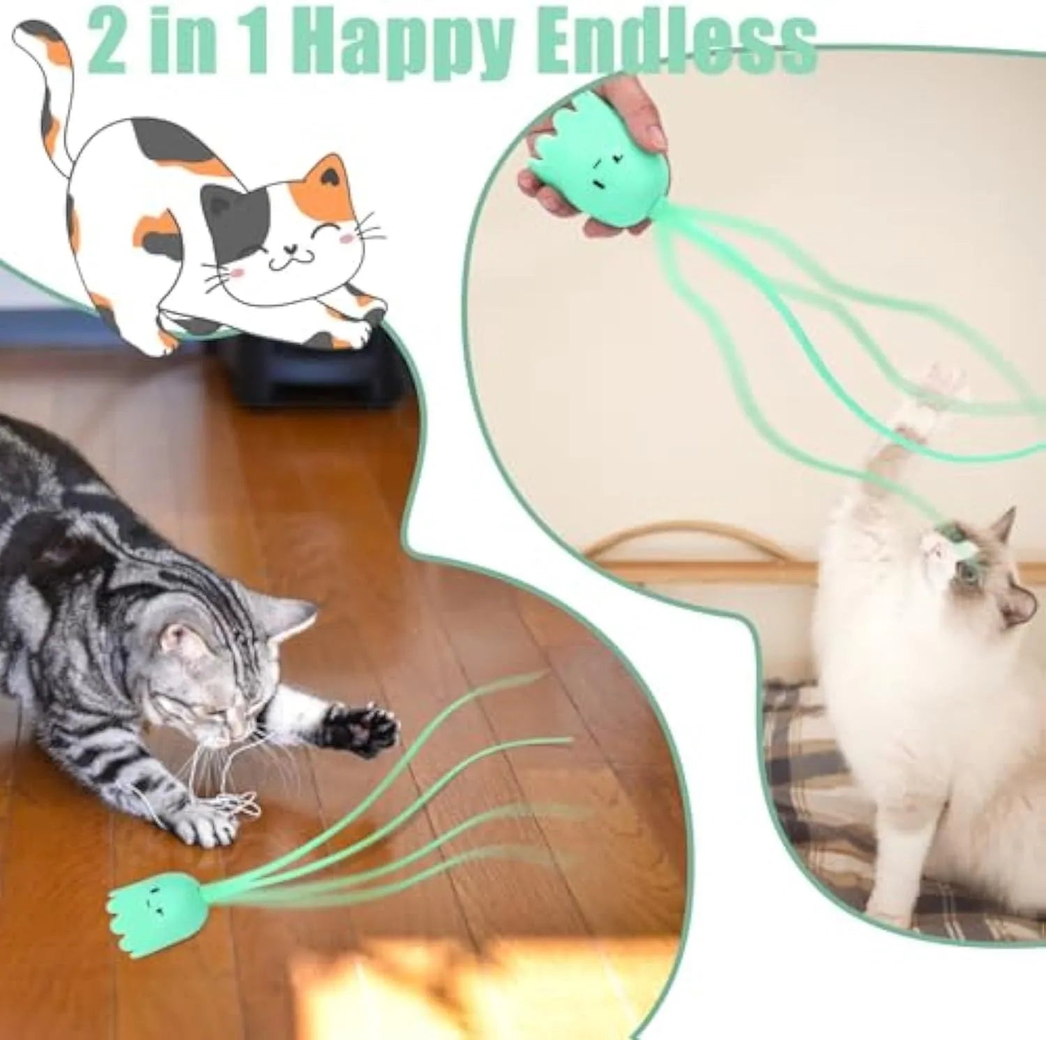 Green automatic electronic cat wand toy with swinging silicone tails on a 38cm wand.
