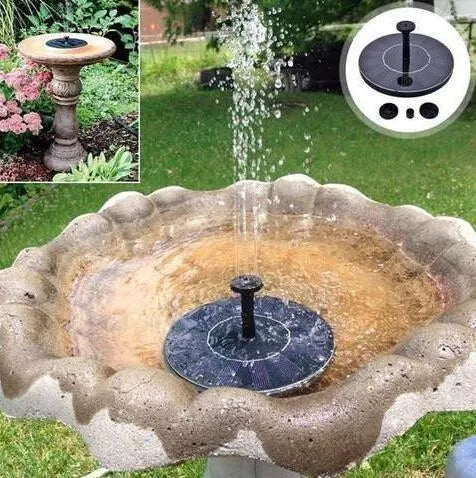 Black solar-powered garden fountain with four spray nozzles for bird baths and ponds