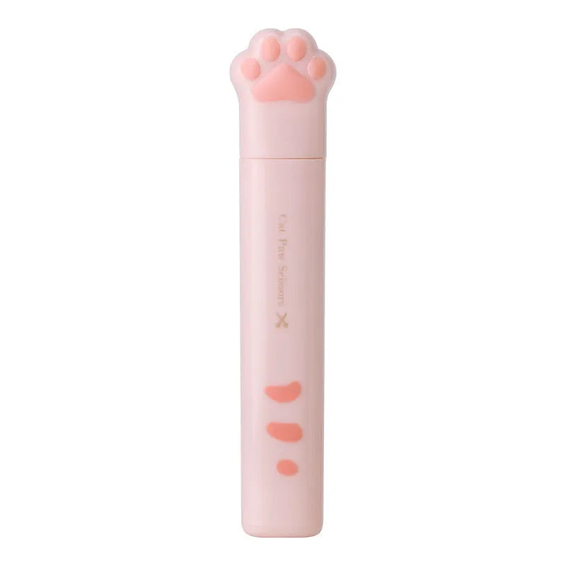 Set of four mini folding scissors with cat paw handles in pink, white, black, and blue colours, shown closed.