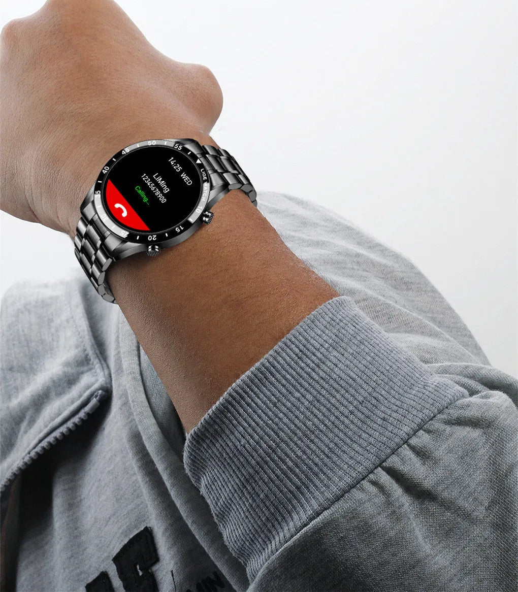 Smart watch with stainless steel wristband showing 1.3 inch touch screen display